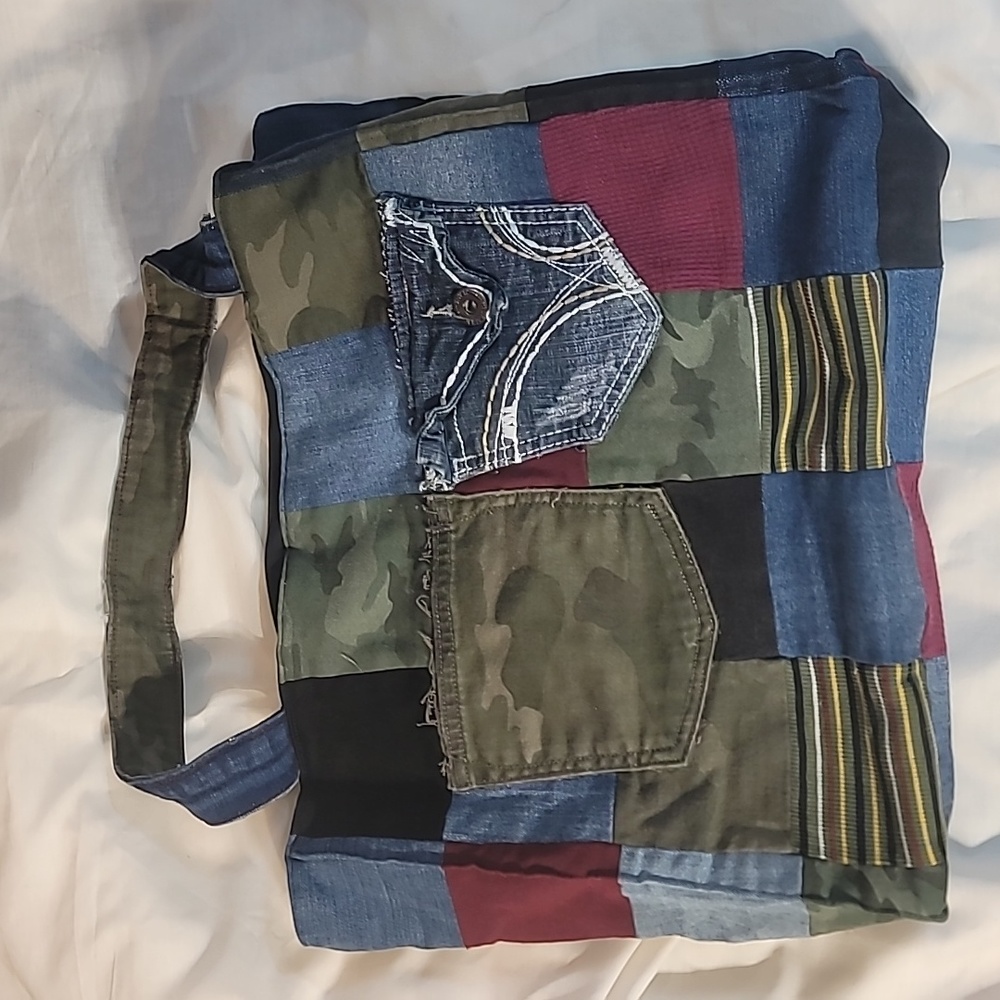 Patchwork denim tote bag handmade from upcycled clothing